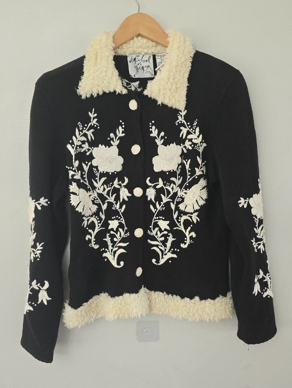 Vtg Michael Simon Cardigan Women's M Black Floral Embroidered Beaded *read Flaw